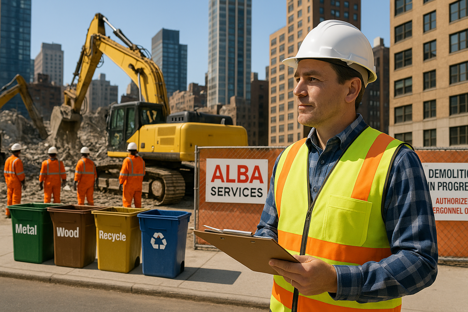 Andrew Horan at NYC jobsite with crew, demonstrating ethical demolition standards through leadership